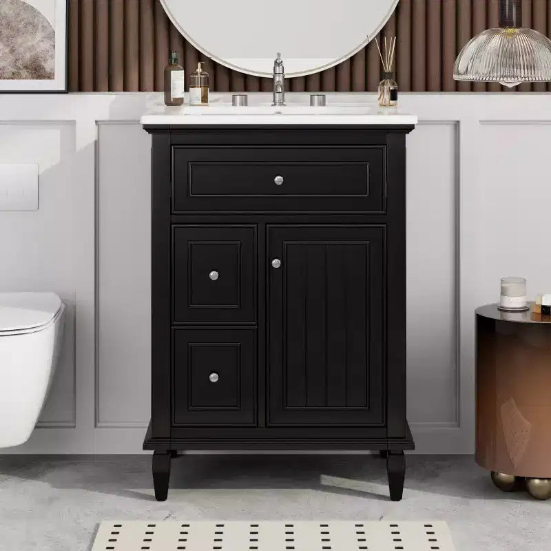 Meuble-lavabo de salle de bain avec évier, meuble-lavabo avec 1 tiroir basculant, 2 tiroirs et étagère réglable, meuble-lavabo simple vasque autoportant blanc