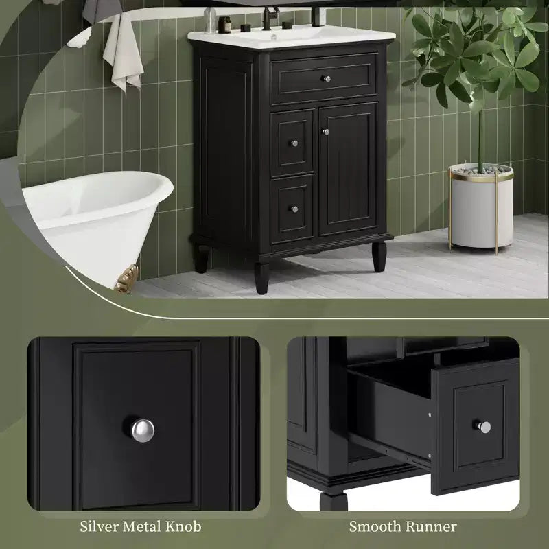 Meuble-lavabo de salle de bain avec évier, meuble-lavabo avec 1 tiroir basculant, 2 tiroirs et étagère réglable, meuble-lavabo simple vasque autoportant blanc