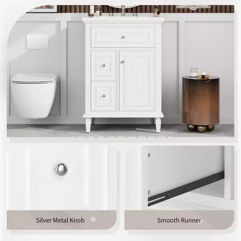 Meuble-lavabo de salle de bain avec évier, meuble-lavabo avec 1 tiroir basculant, 2 tiroirs et étagère réglable, meuble-lavabo simple vasque autoportant blanc