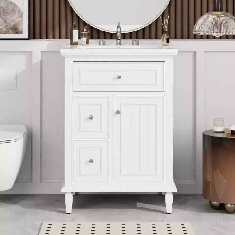 Meuble-lavabo de salle de bain avec évier, meuble-lavabo avec 1 tiroir basculant, 2 tiroirs et étagère réglable, meuble-lavabo simple vasque autoportant blanc