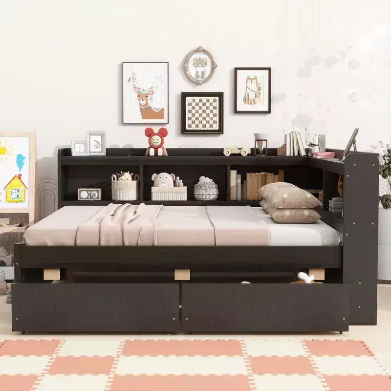 Lit bibliothèque d'angle pleine grandeur avec prises électriques, ports de chargement USB, deux tiroirs, lit bibliothèque d'angle pleine grandeur expresso.