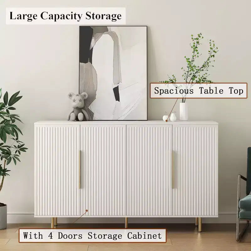 Buffet moderne avec rangement Grand buffet avec panneaux latéraux rainurés et étagères réglables Blanc
