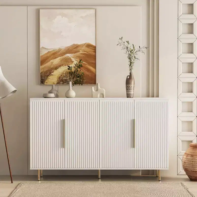 Buffet moderne avec rangement Grand buffet avec panneaux latéraux rainurés et étagères réglables Blanc