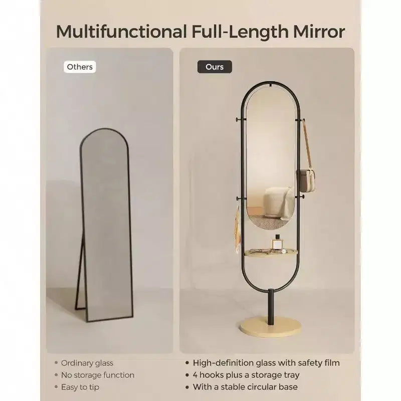 Miroir pleine longueur sur pied, design 3-en-1 primé. En chêne beige et noir encre pour la décoration du salon et de la chambre.