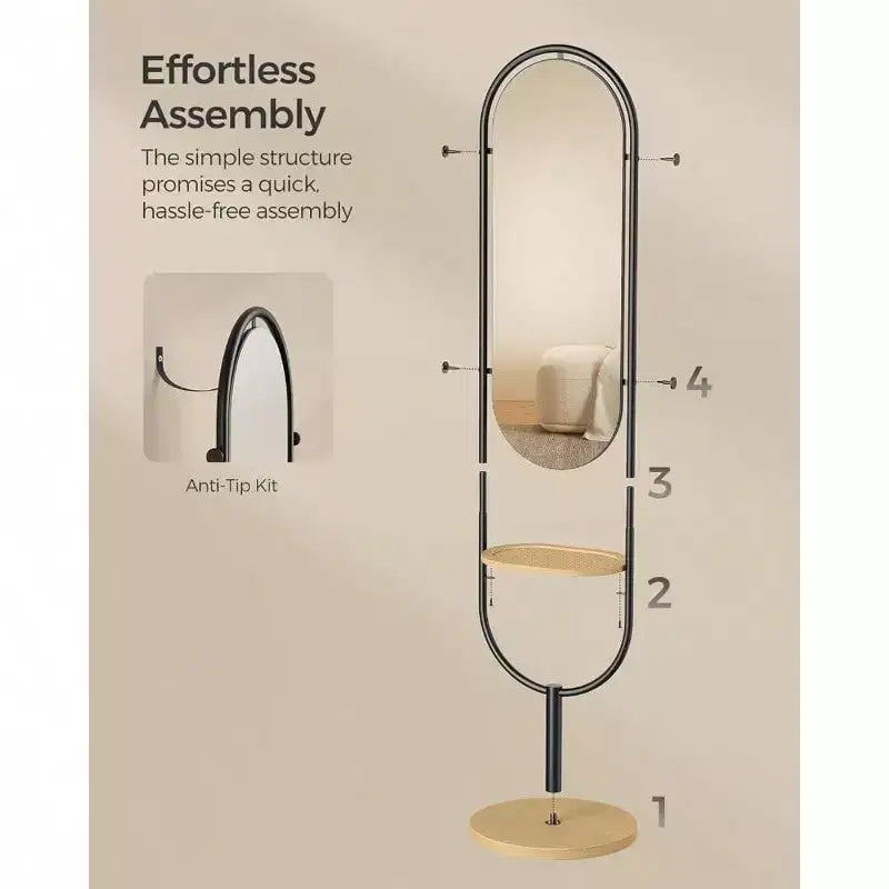 Miroir pleine longueur sur pied, design 3-en-1 primé. En chêne beige et noir encre pour la décoration du salon et de la chambre.