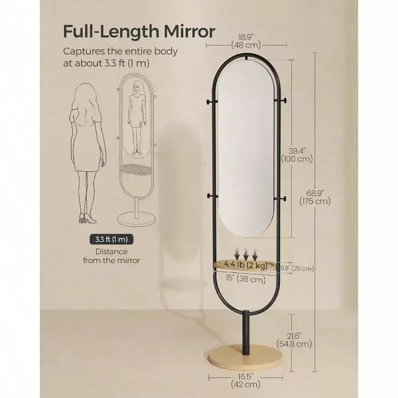 Miroir pleine longueur sur pied, design 3-en-1 primé. En chêne beige et noir encre pour la décoration du salon et de la chambre.