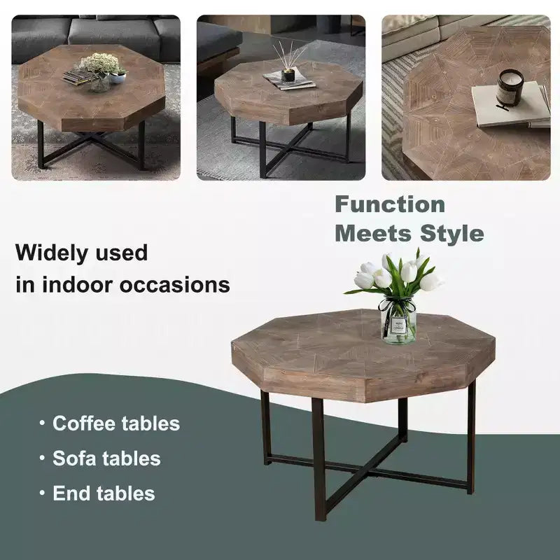 Table basse vintage pour salon, Table basse octogonale en bois avec base en acier entrecroisée, Table basse de 76 cm
