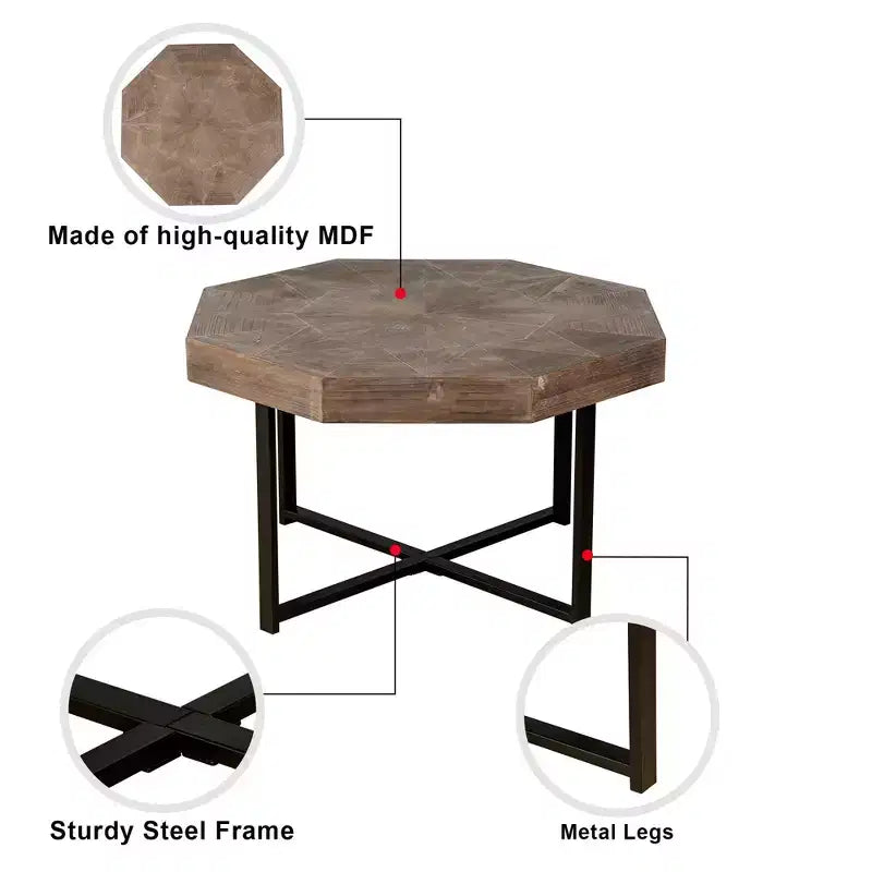 Table basse vintage pour salon, Table basse octogonale en bois avec base en acier entrecroisée, Table basse de 76 cm