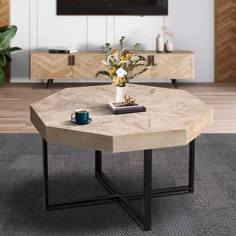 Table basse vintage pour salon, Table basse octogonale en bois avec base en acier entrecroisée, Table basse de 76 cm