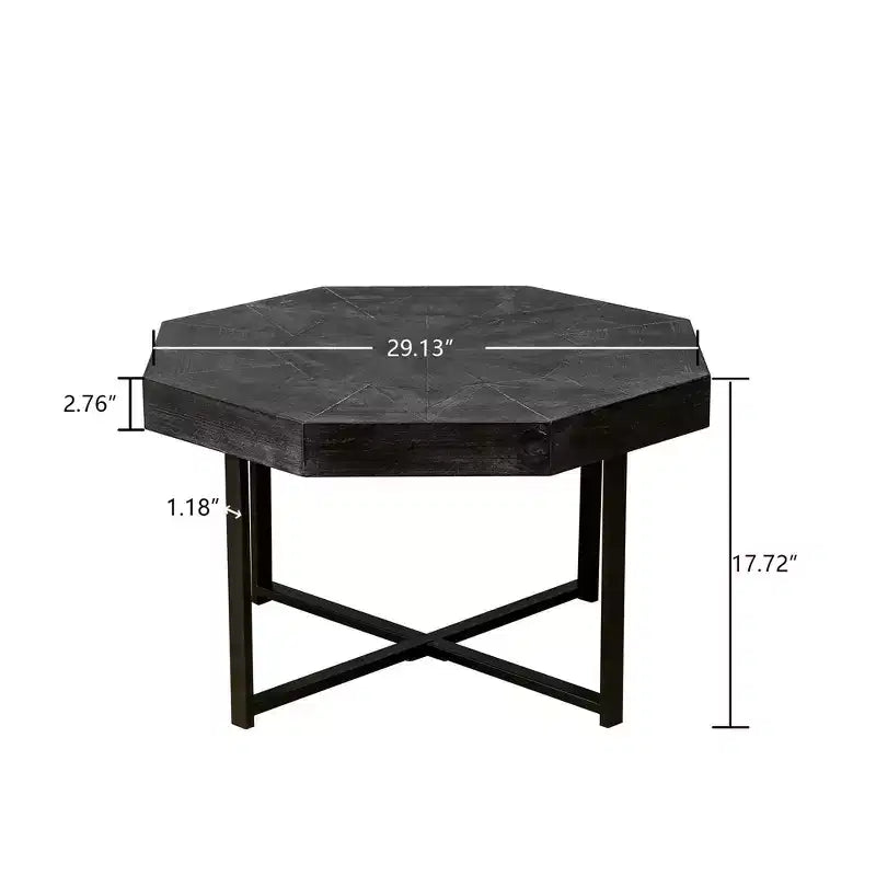 Table basse vintage pour salon, Table basse octogonale en bois avec base en acier entrecroisée, Table basse de 76 cm