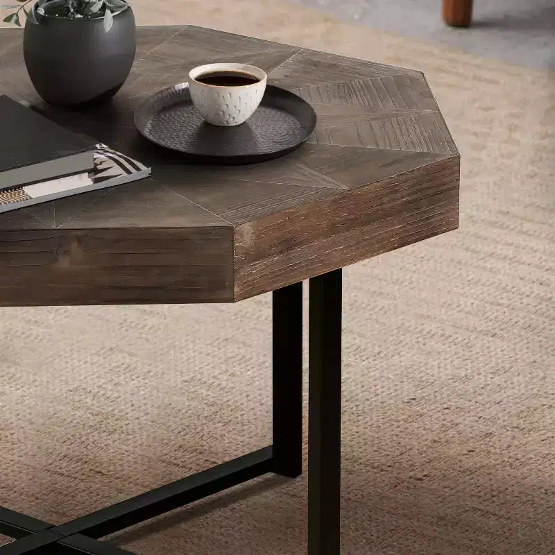 Table basse vintage pour salon, Table basse octogonale en bois avec base en acier entrecroisée, Table basse de 76 cm