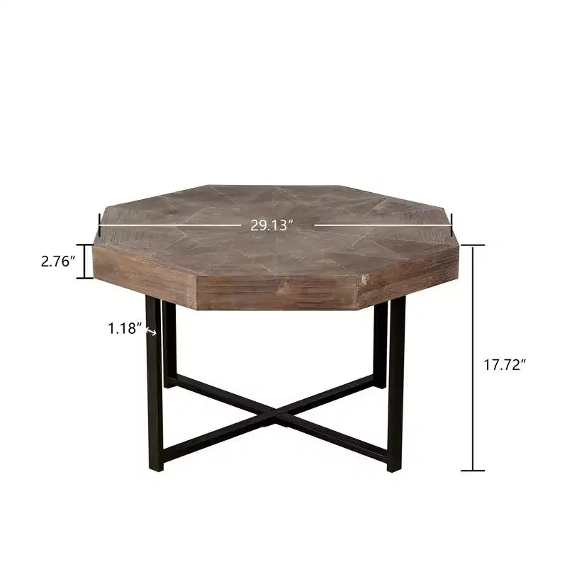 Table basse vintage pour salon, Table basse octogonale en bois avec base en acier entrecroisée, Table basse de 76 cm
