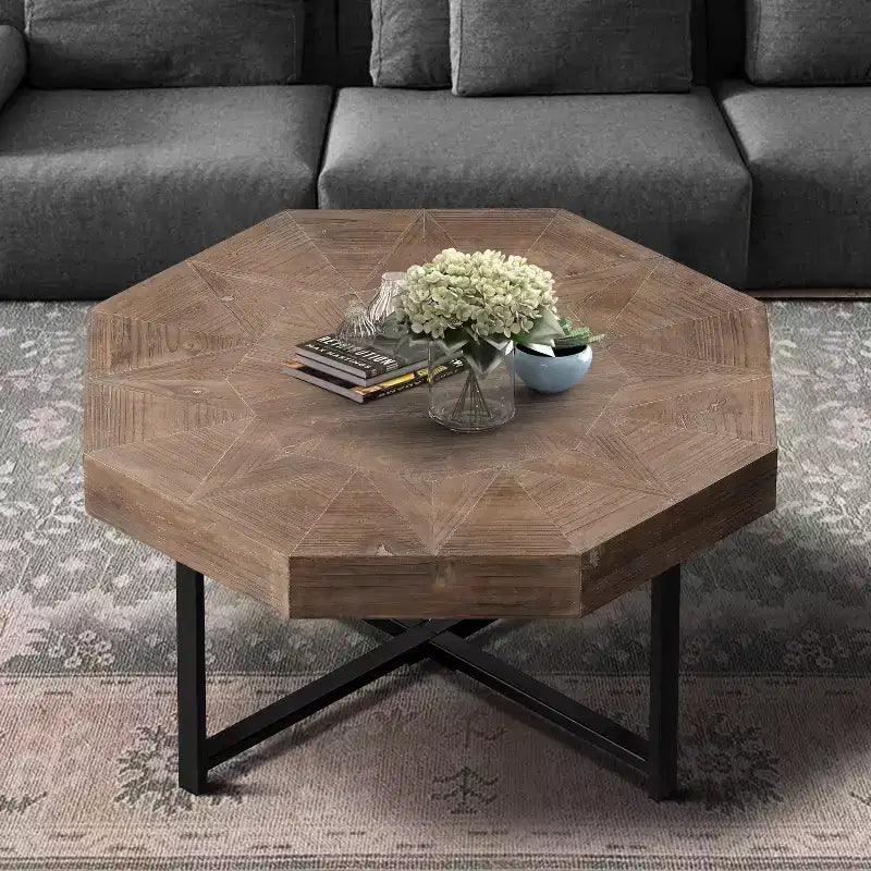 Table basse vintage pour salon, Table basse octogonale en bois avec base en acier entrecroisée, Table basse de 76 cm