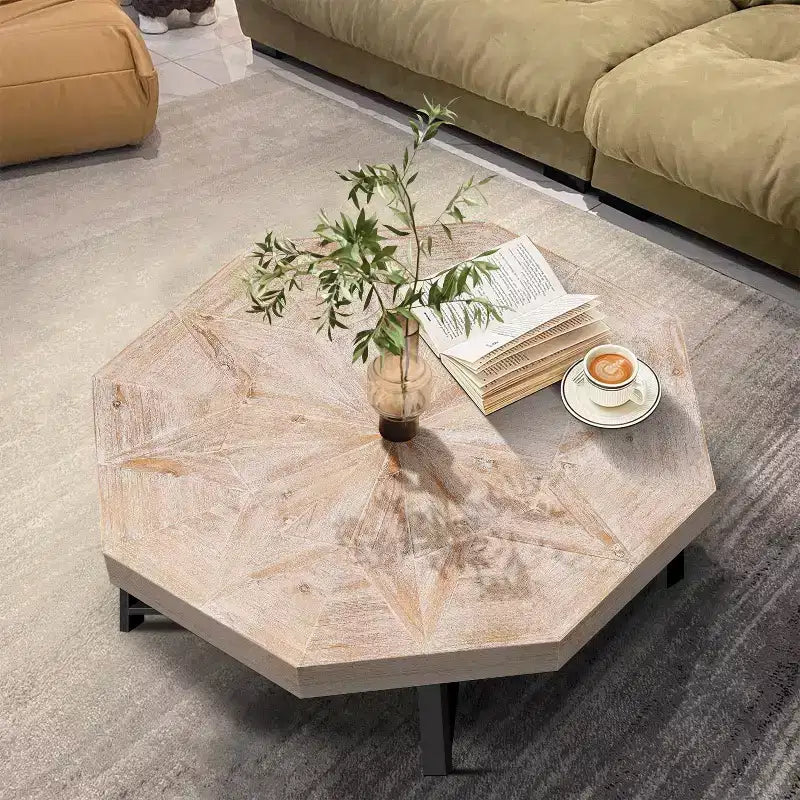 Table basse vintage pour salon, Table basse octogonale en bois avec base en acier entrecroisée, Table basse de 76 cm