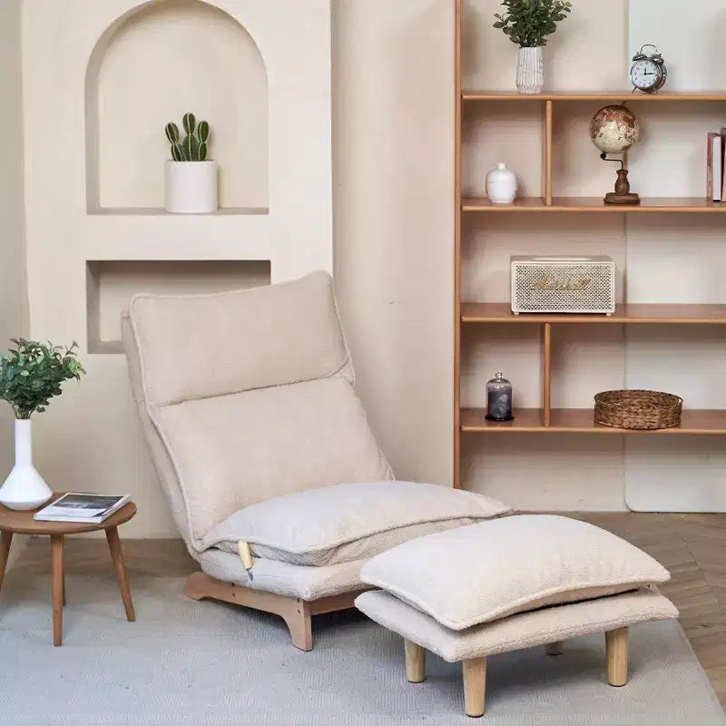 Pouf pliable avec repose-pieds, fauteuil de canapé confortable avec dossier réglable et éponge haute densité, chaise de sol pour balcon, salon, beige