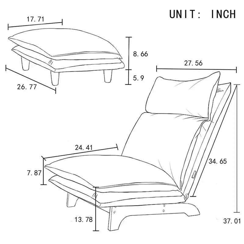 Pouf pliable avec repose-pieds, fauteuil de canapé confortable avec dossier réglable et éponge haute densité, chaise de sol pour balcon, salon, beige