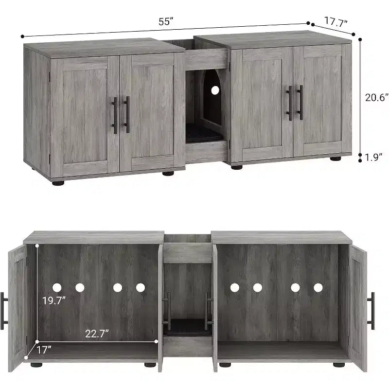 Meuble cache-litière pour chat de 140 cm, grand meuble cache-litière 3-en-1 avec double compartiment, meuble cache-litière en bois de style ferme, meuble cache-litière dissimulé