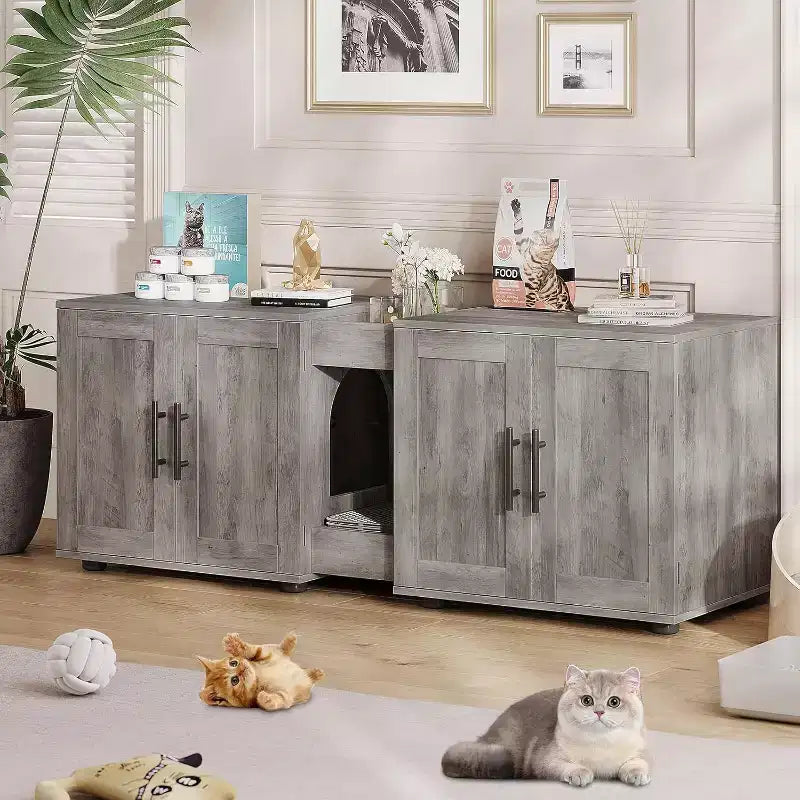 Meuble cache-litière pour chat de 140 cm, grand meuble cache-litière 3-en-1 avec double compartiment, meuble cache-litière en bois de style ferme, meuble cache-litière dissimulé