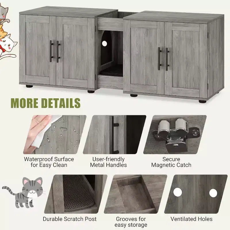 Meuble cache-litière pour chat de 140 cm, grand meuble cache-litière 3-en-1 avec double compartiment, meuble cache-litière en bois de style ferme, meuble cache-litière dissimulé