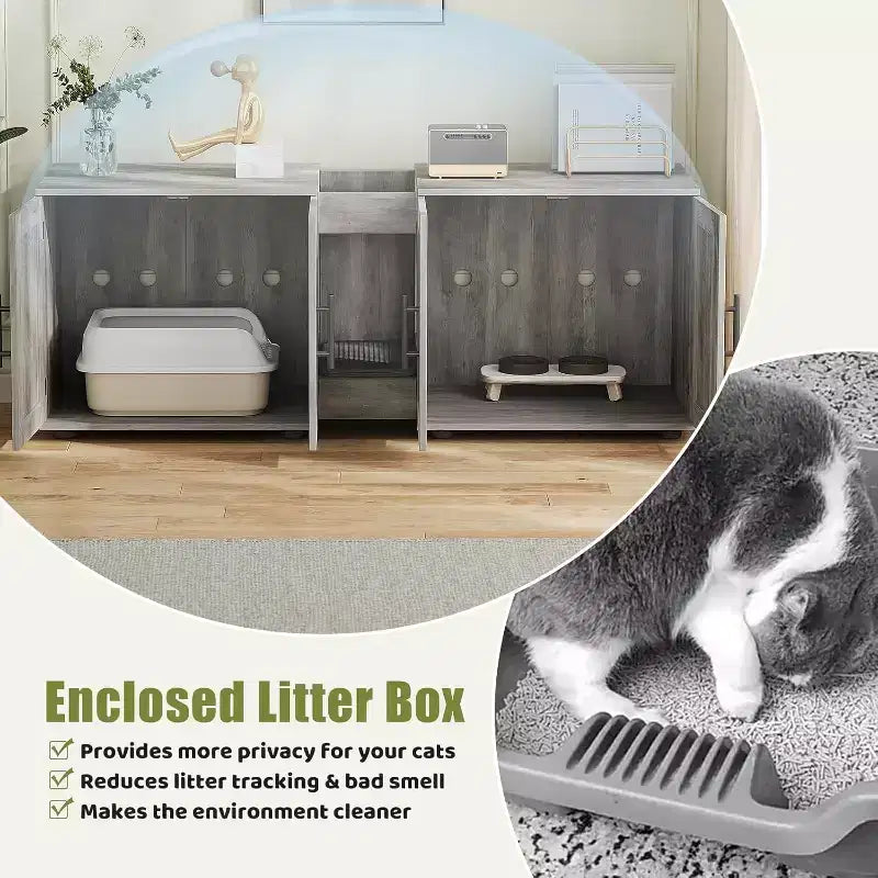 Meuble cache-litière pour chat de 140 cm, grand meuble cache-litière 3-en-1 avec double compartiment, meuble cache-litière en bois de style ferme, meuble cache-litière dissimulé