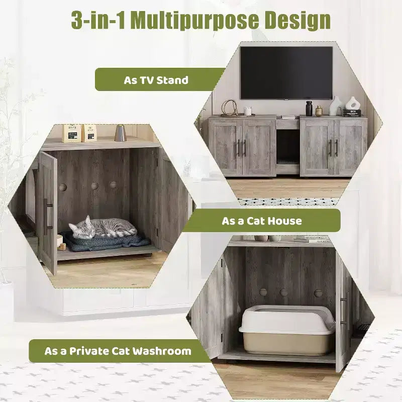 Meuble cache-litière pour chat de 140 cm, grand meuble cache-litière 3-en-1 avec double compartiment, meuble cache-litière en bois de style ferme, meuble cache-litière dissimulé