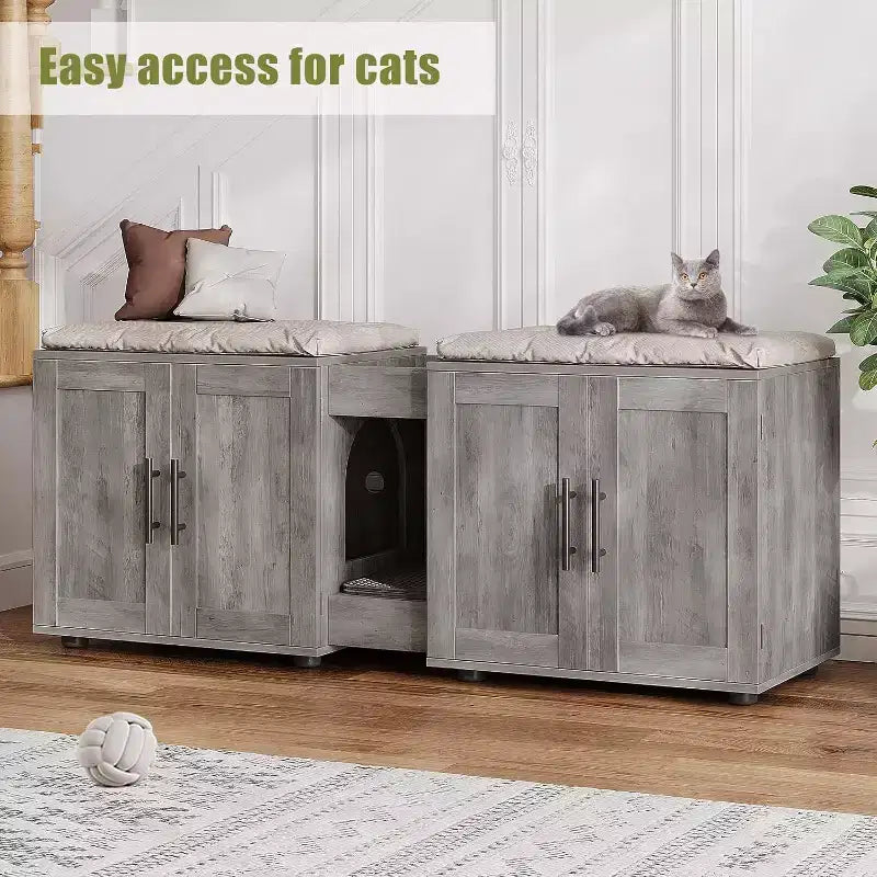 Meuble cache-litière pour chat de 140 cm, grand meuble cache-litière 3-en-1 avec double compartiment, meuble cache-litière en bois de style ferme, meuble cache-litière dissimulé