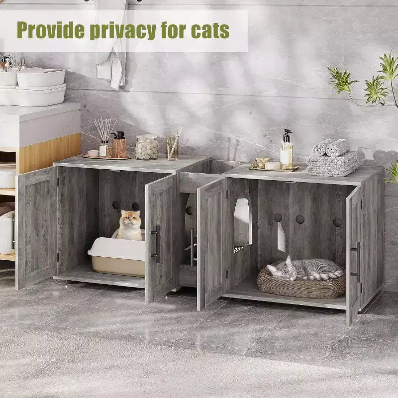 Meuble cache-litière pour chat de 140 cm, grand meuble cache-litière 3-en-1 avec double compartiment, meuble cache-litière en bois de style ferme, meuble cache-litière dissimulé