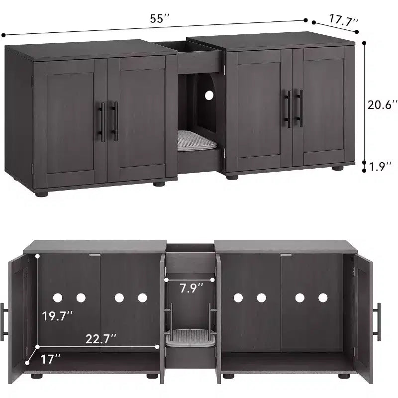 Meuble cache-litière pour chat de 140 cm, grand meuble cache-litière 3-en-1 avec double compartiment, meuble cache-litière en bois de style ferme, meuble cache-litière dissimulé