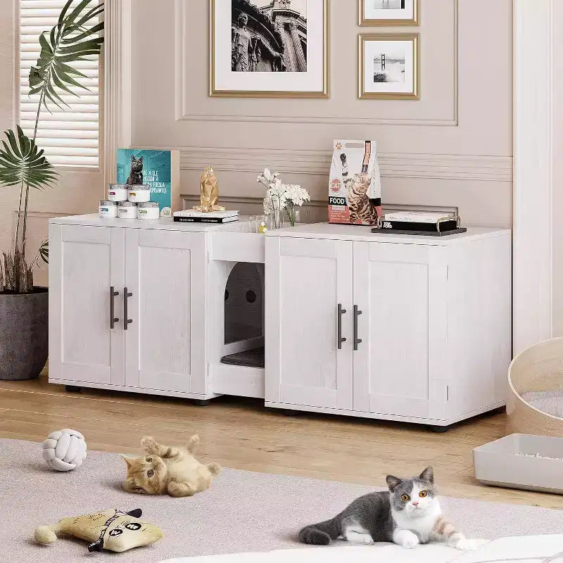 Meuble cache-litière pour chat de 140 cm, grand meuble cache-litière 3-en-1 avec double compartiment, meuble cache-litière en bois de style ferme, meuble cache-litière dissimulé