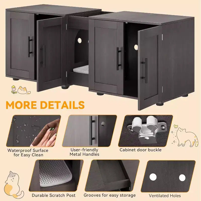 Meuble cache-litière pour chat de 140 cm, grand meuble cache-litière 3-en-1 avec double compartiment, meuble cache-litière en bois de style ferme, meuble cache-litière dissimulé
