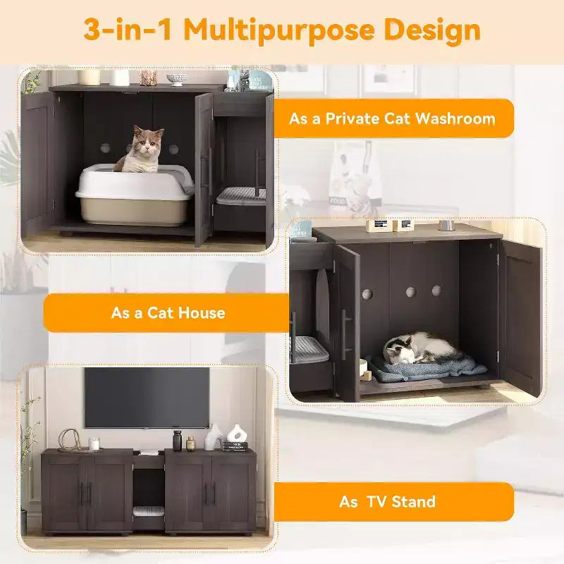 Meuble cache-litière pour chat de 140 cm, grand meuble cache-litière 3-en-1 avec double compartiment, meuble cache-litière en bois de style ferme, meuble cache-litière dissimulé