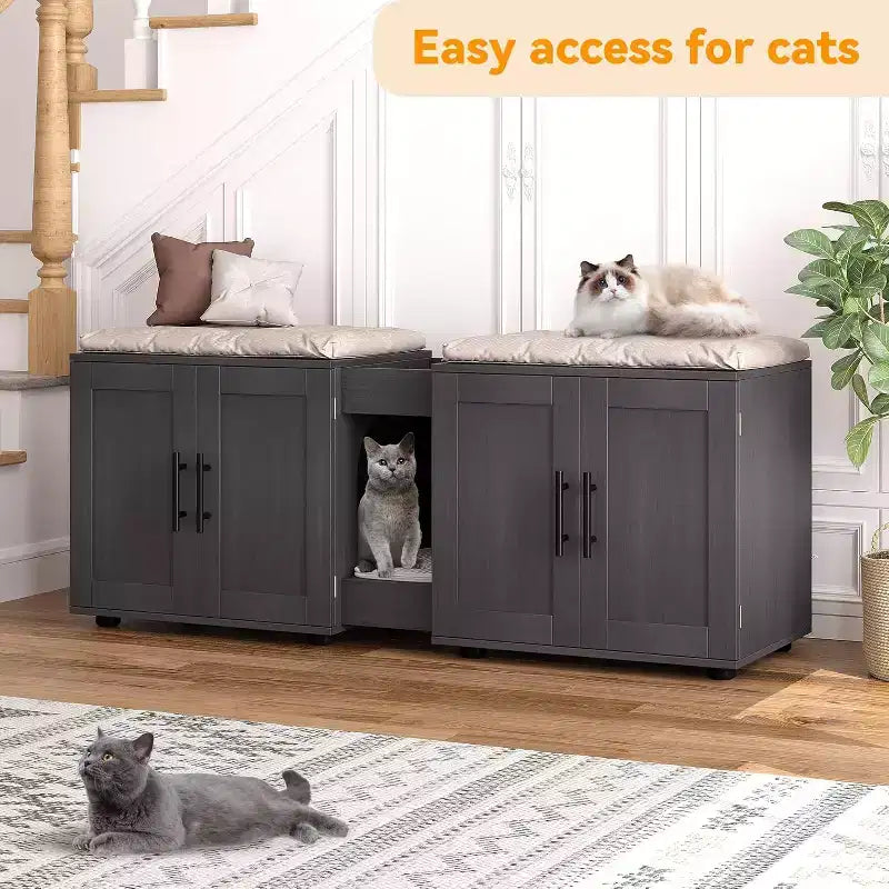 Meuble cache-litière pour chat de 140 cm, grand meuble cache-litière 3-en-1 avec double compartiment, meuble cache-litière en bois de style ferme, meuble cache-litière dissimulé