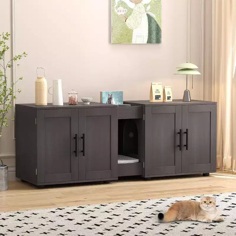 Meuble cache-litière pour chat de 140 cm, grand meuble cache-litière 3-en-1 avec double compartiment, meuble cache-litière en bois de style ferme, meuble cache-litière dissimulé