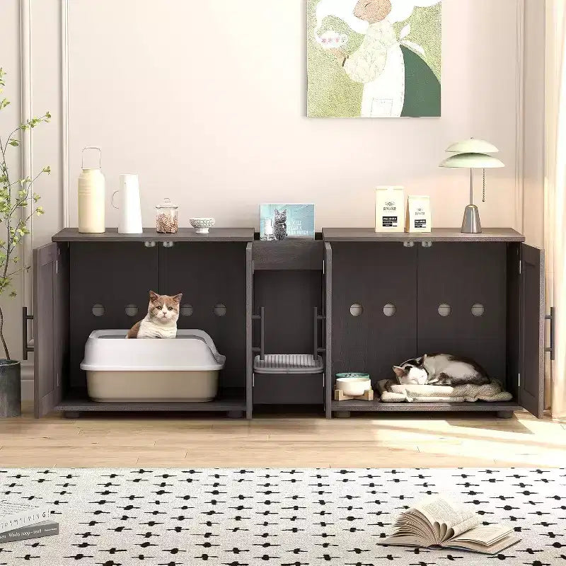 Meuble cache-litière pour chat de 140 cm, grand meuble cache-litière 3-en-1 avec double compartiment, meuble cache-litière en bois de style ferme, meuble cache-litière dissimulé