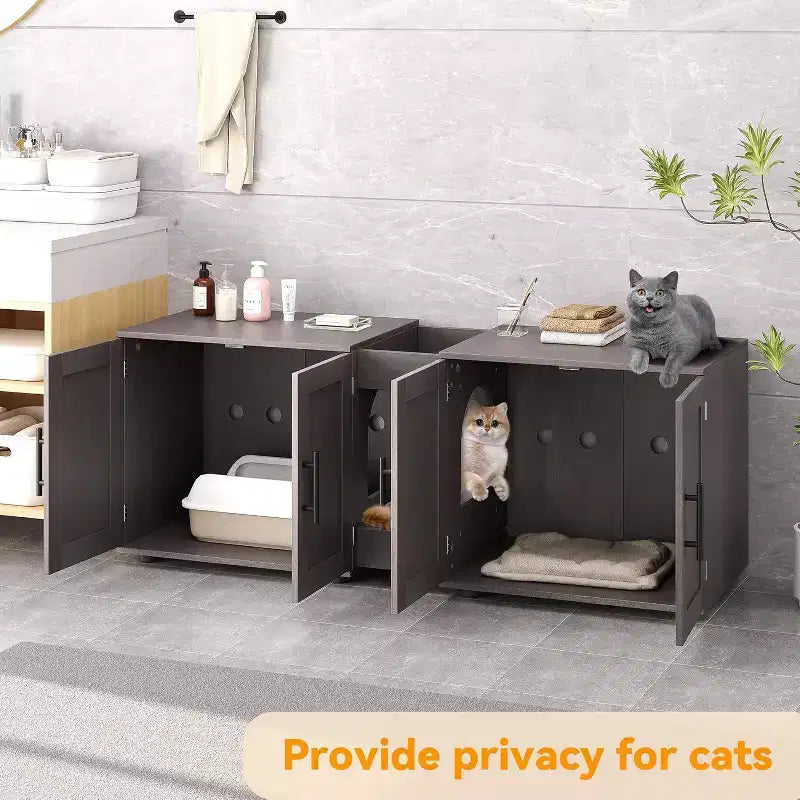 Meuble cache-litière pour chat de 140 cm, grand meuble cache-litière 3-en-1 avec double compartiment, meuble cache-litière en bois de style ferme, meuble cache-litière dissimulé