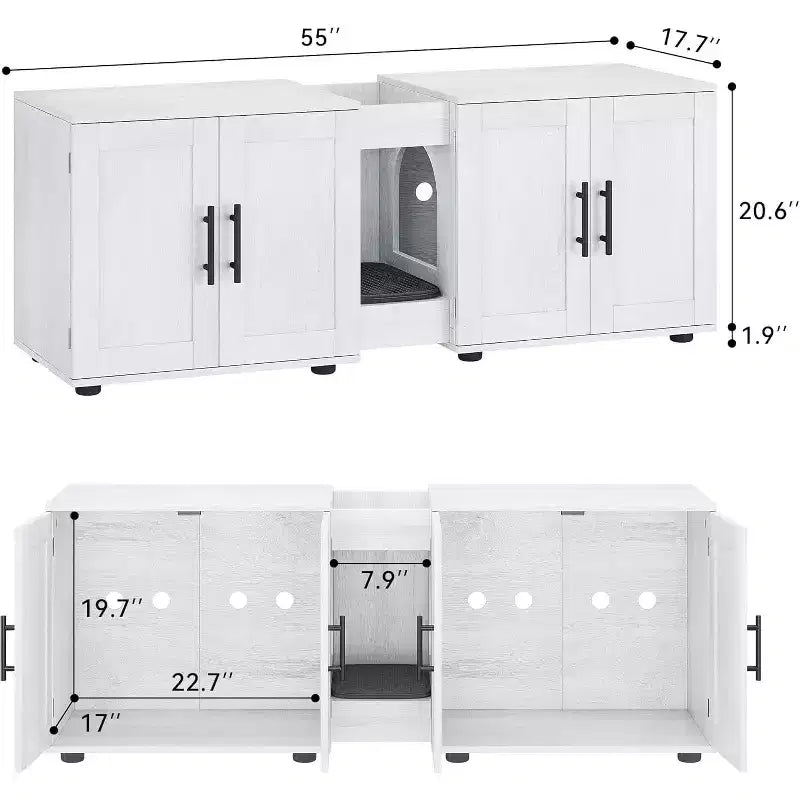 Meuble cache-litière pour chat de 140 cm, grand meuble cache-litière 3-en-1 avec double compartiment, meuble cache-litière en bois de style ferme, meuble cache-litière dissimulé