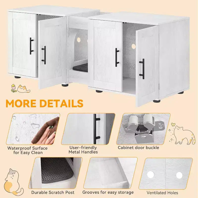 Meuble cache-litière pour chat de 140 cm, grand meuble cache-litière 3-en-1 avec double compartiment, meuble cache-litière en bois de style ferme, meuble cache-litière dissimulé