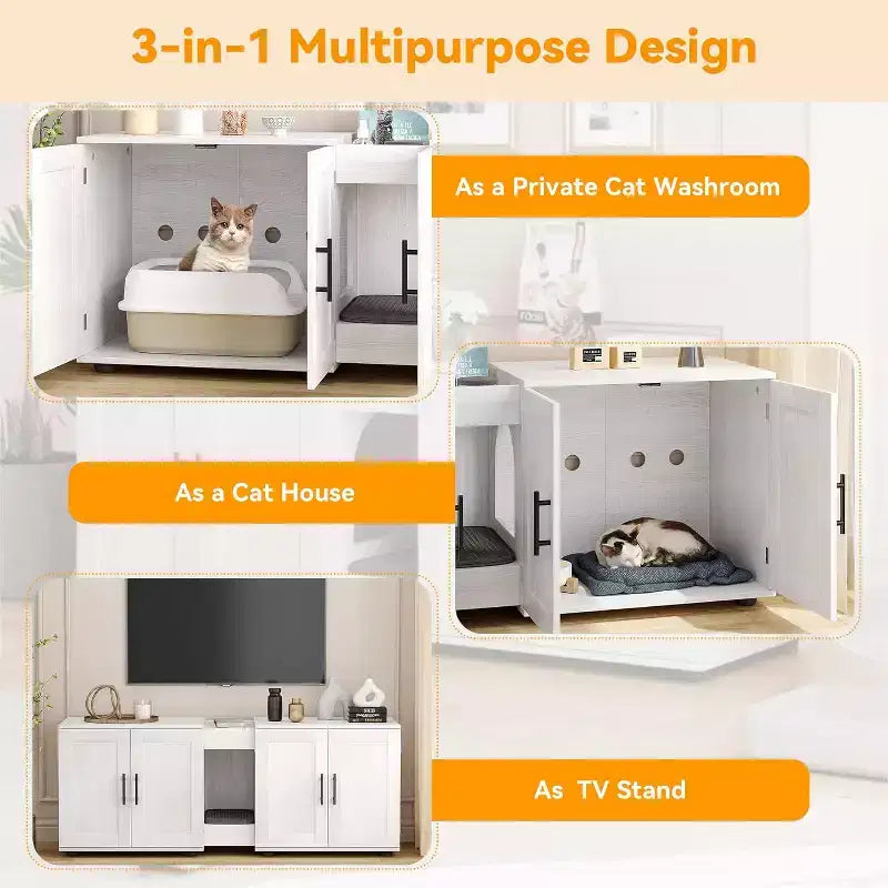 Meuble cache-litière pour chat de 140 cm, grand meuble cache-litière 3-en-1 avec double compartiment, meuble cache-litière en bois de style ferme, meuble cache-litière dissimulé
