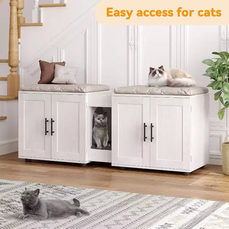 Meuble cache-litière pour chat de 140 cm, grand meuble cache-litière 3-en-1 avec double compartiment, meuble cache-litière en bois de style ferme, meuble cache-litière dissimulé