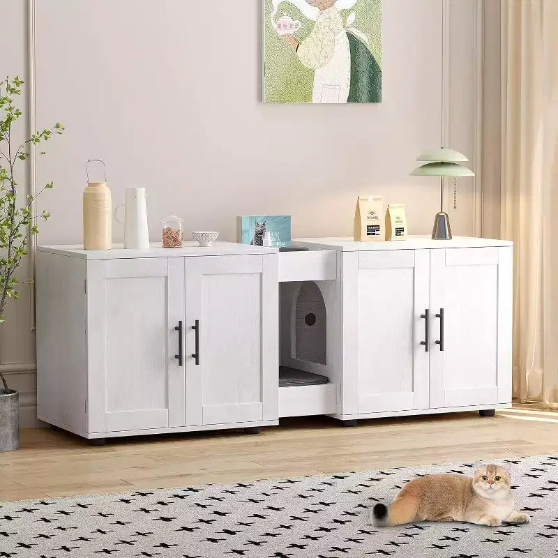 Meuble cache-litière pour chat de 140 cm, grand meuble cache-litière 3-en-1 avec double compartiment, meuble cache-litière en bois de style ferme, meuble cache-litière dissimulé