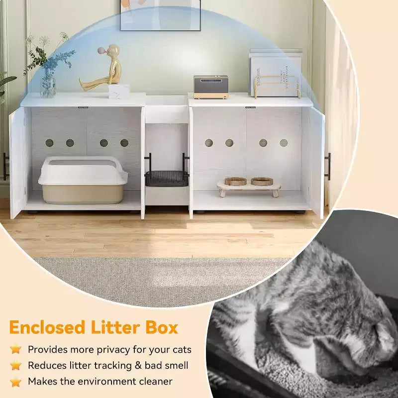 Meuble cache-litière pour chat de 140 cm, grand meuble cache-litière 3-en-1 avec double compartiment, meuble cache-litière en bois de style ferme, meuble cache-litière dissimulé