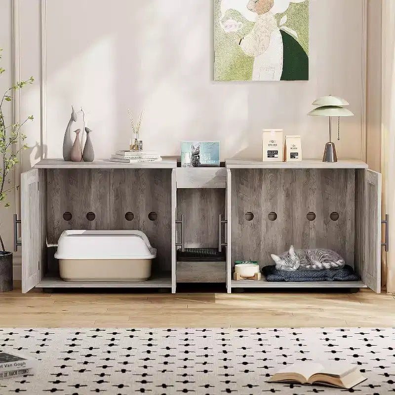 Meuble cache-litière pour chat de 140 cm, grand meuble cache-litière 3-en-1 avec double compartiment, meuble cache-litière en bois de style ferme, meuble cache-litière dissimulé