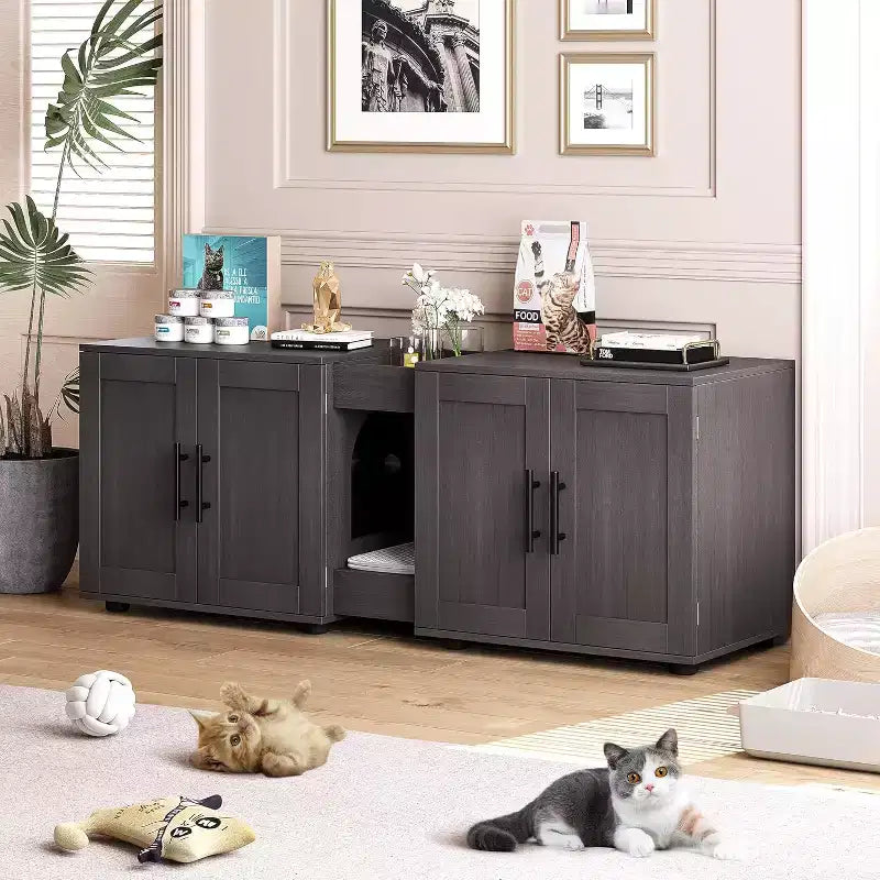 Meuble cache-litière pour chat de 140 cm, grand meuble cache-litière 3-en-1 avec double compartiment, meuble cache-litière en bois de style ferme, meuble cache-litière dissimulé