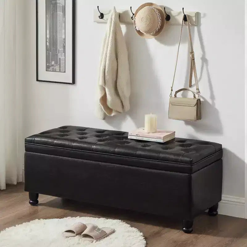 Banc ottoman de rangement avec cadre en bois robuste, boutons en lin, revêtement en similicuir, banc de rangement pour le salon ou la chambre à coucher.