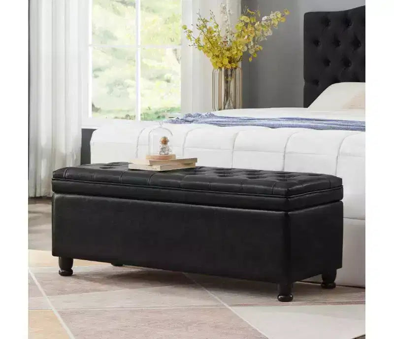 Storage Ottoman Bench with Sturdy Wood FrameLinen Button, Upholstered Faux Leather, Bedroom Storage Bench for Living Room or Bedroom