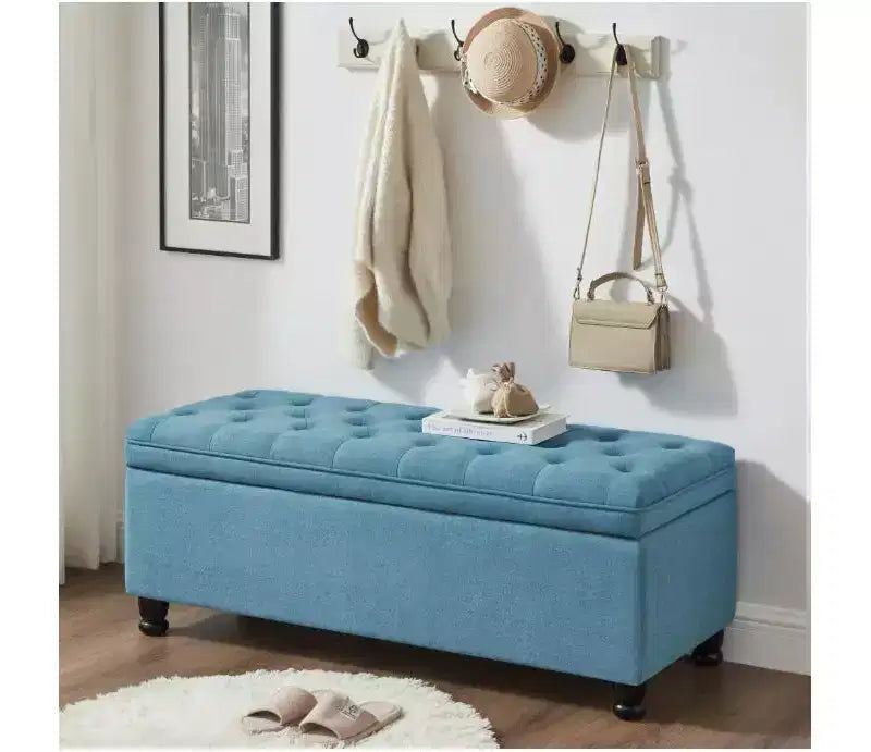 Banc ottoman de rangement avec cadre en bois robuste, boutons en lin, revêtement en similicuir, banc de rangement pour le salon ou la chambre à coucher.