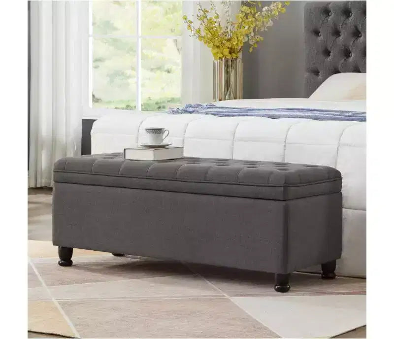 Banc ottoman de rangement avec cadre en bois robuste, boutons en lin, revêtement en similicuir, banc de rangement pour le salon ou la chambre à coucher.