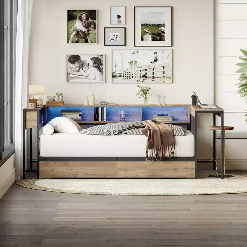 Cadre de lit d'angle pour lit jumeau avec bibliothèque et 2 tiroirs de rangement sous le lit, lit jumeau moderne, lit de repos moderne réversible gauche ou droite, gris