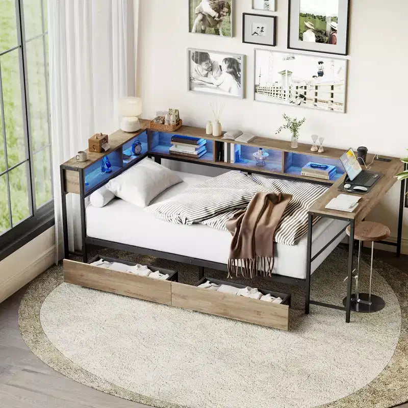 Cadre de lit d'angle pour lit jumeau avec bibliothèque et 2 tiroirs de rangement sous le lit, lit jumeau moderne, lit de repos moderne réversible gauche ou droite, gris