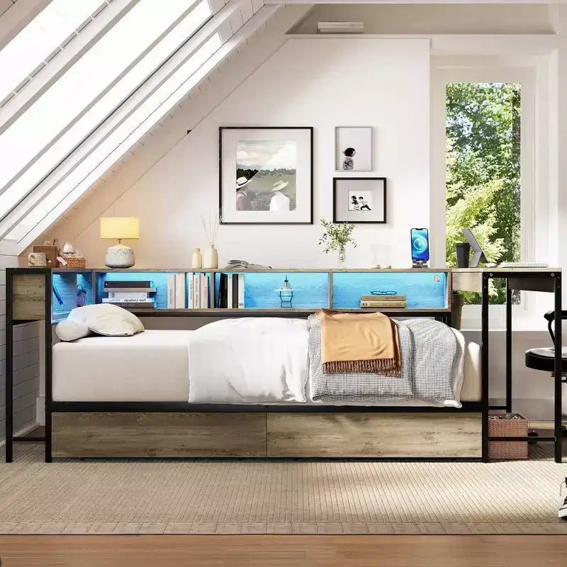 Cadre de lit d'angle pour lit jumeau avec bibliothèque et 2 tiroirs de rangement sous le lit, lit jumeau moderne, lit de repos moderne réversible gauche ou droite, gris